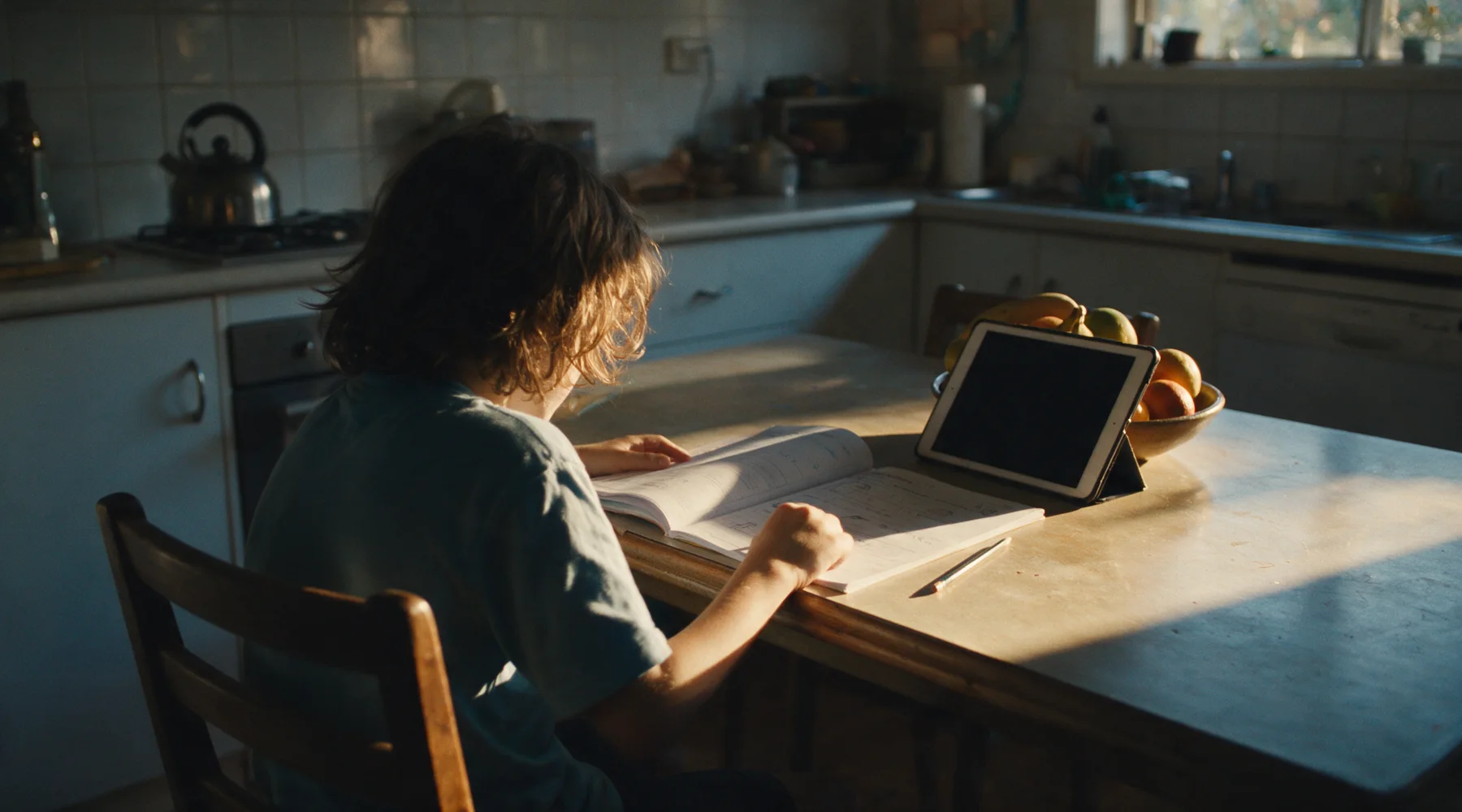 A child at a kitchen table in late afternoon light, seen from behind, an exercise book and a propped tablet in front of them.