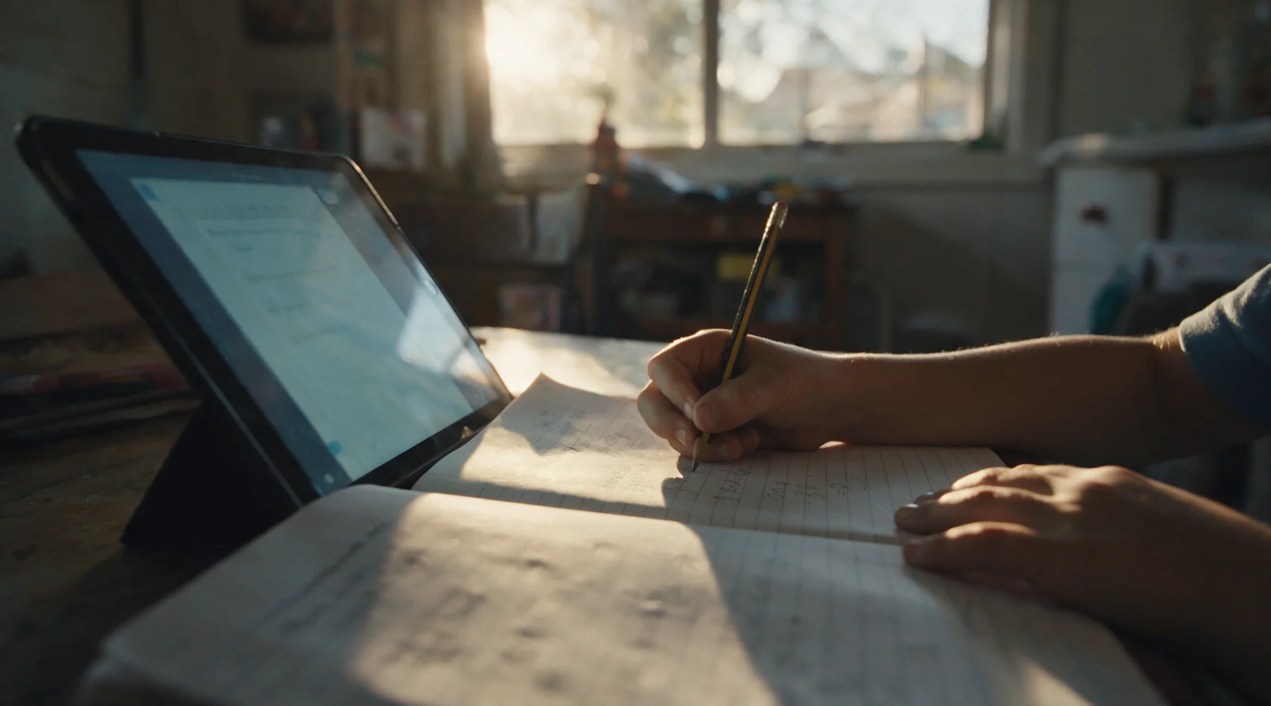 Close on a child's hands either side of an open exercise book, a pencil held mid-word, the glow of a propped tablet across the page.