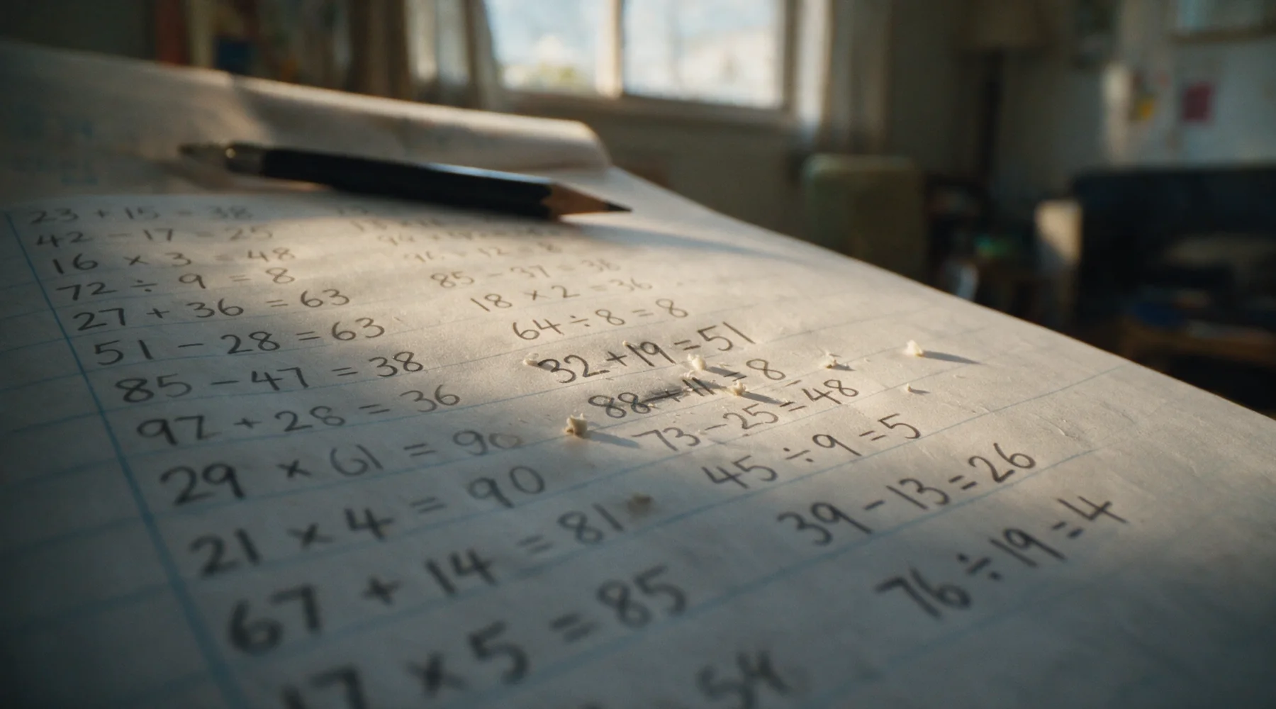 Close detail of a school exercise book page, a pencil resting across a line of working that has been rubbed out and written again, eraser crumbs on the paper.