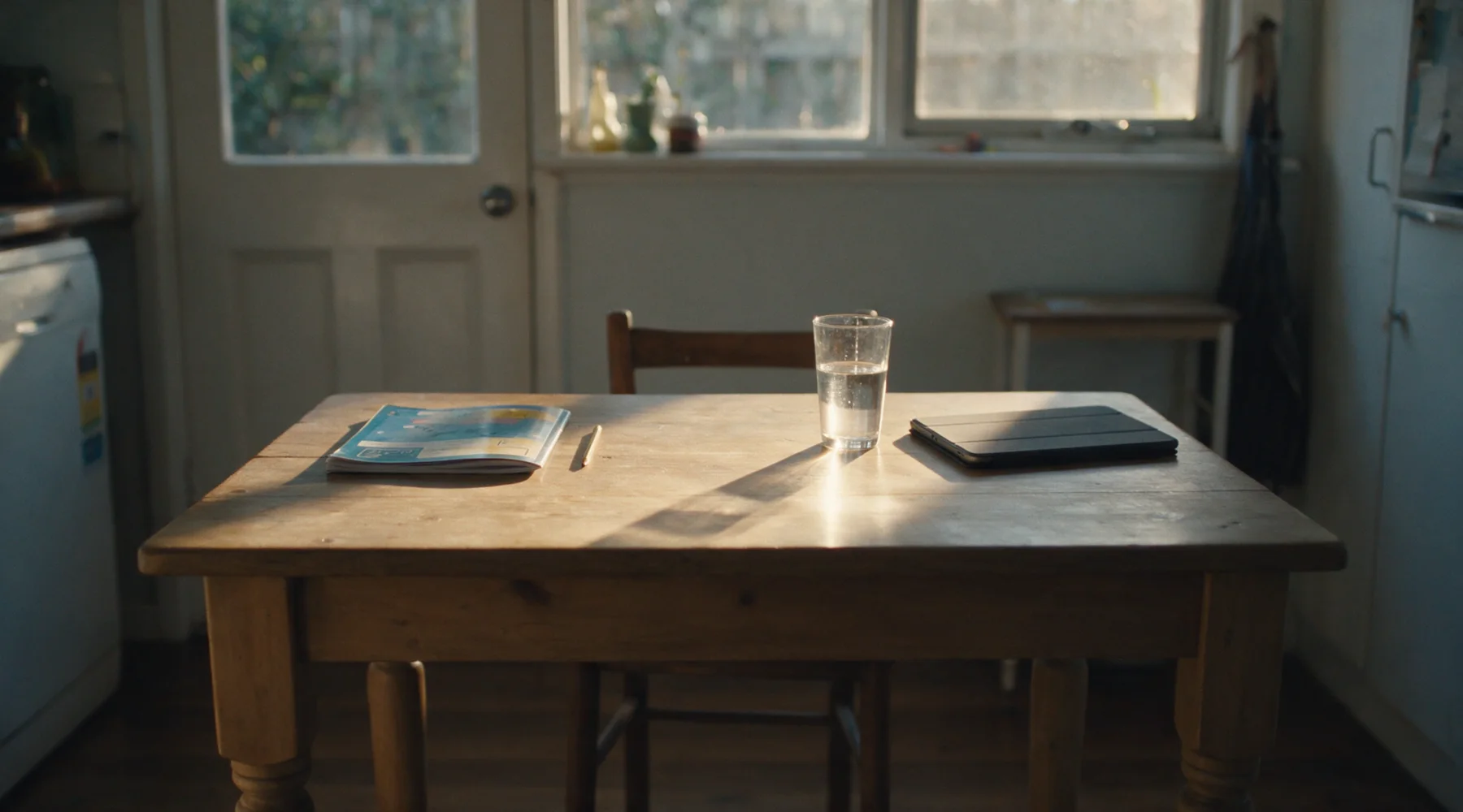 An empty kitchen table after homework, a closed exercise book, a pencil and a glass of water in long afternoon light.